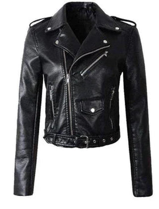 Sibyl Cropped Belted Moto Jacket in Black