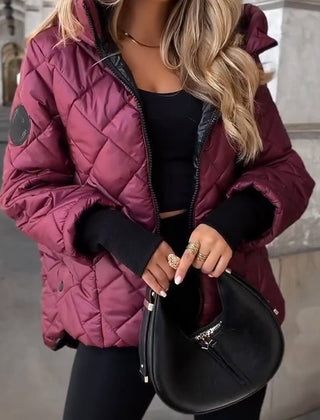 Aldith diamond quilted hooded zip-up jacket in Wine Red