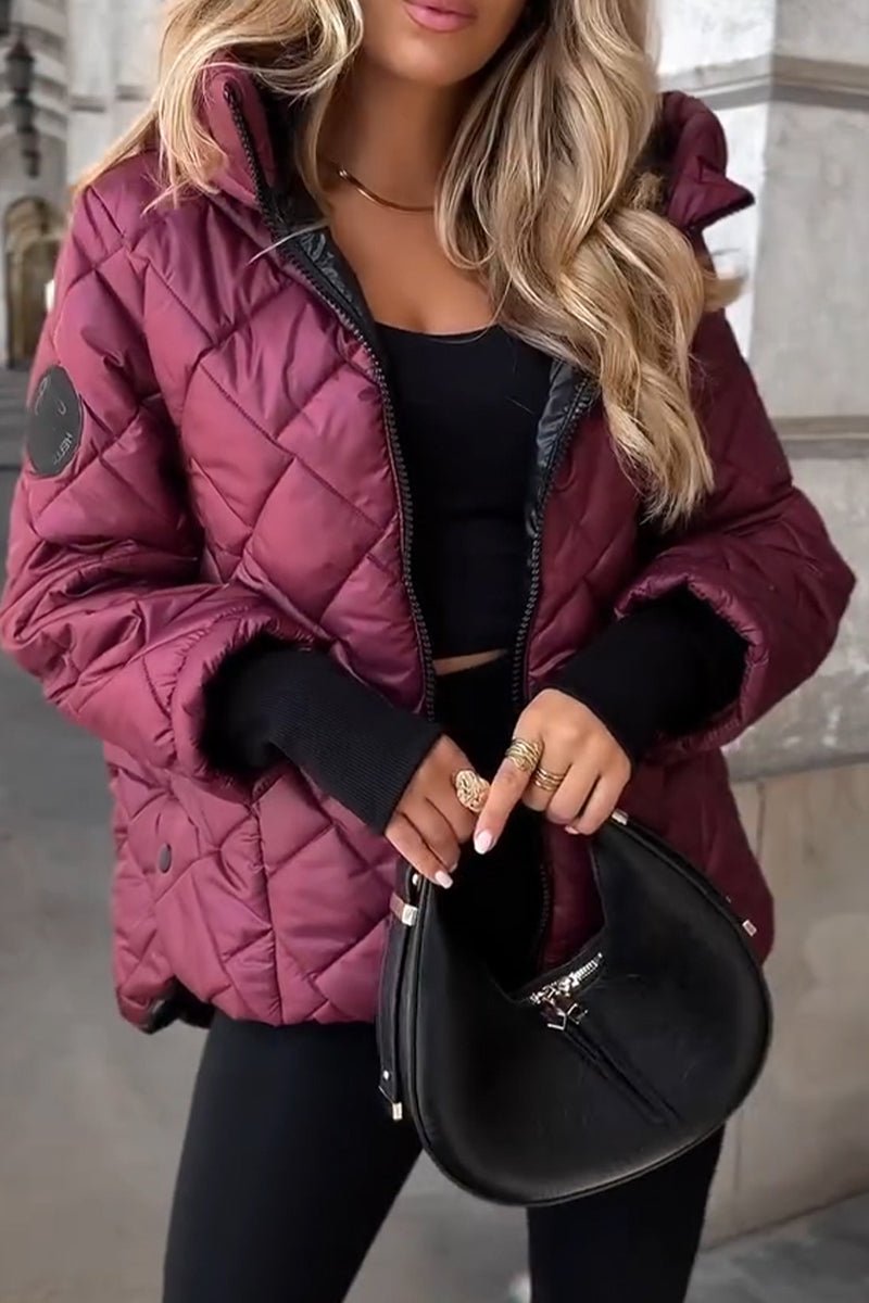 Aldith diamond quilted hooded zip-up jacket in Wine Red