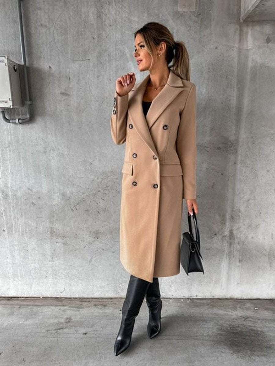 Araminta Double-Breasted Longline Overcoat in Khaki