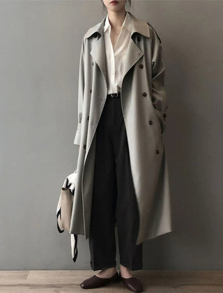 Posy Double-Breasted Belted Long Trench Coat in Gray