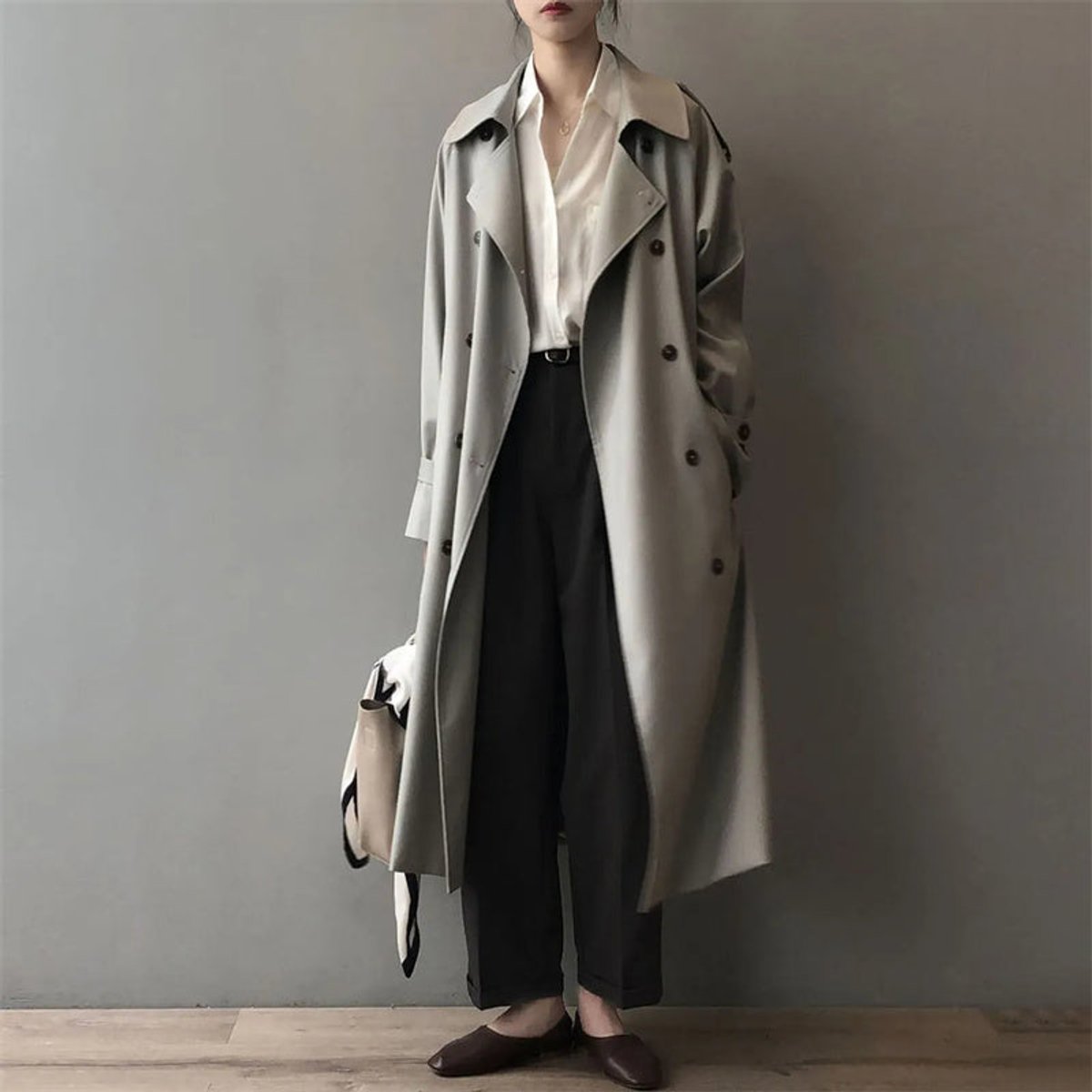Posy Double-Breasted Belted Long Trench Coat in Gray