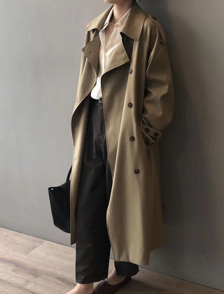 Posy Double-Breasted Belted Long Trench Coat in Khaki