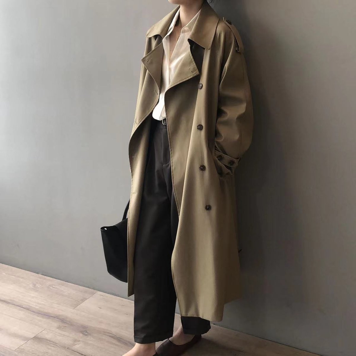 Posy Double-Breasted Belted Long Trench Coat in Khaki