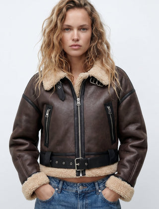 Lilianne Cropped Aviator Bomber Jacket in Brown