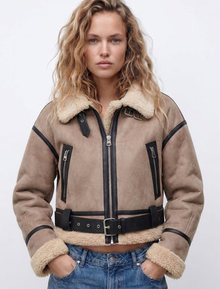 Lilianne Cropped Aviator Bomber Jacket in Khaki
