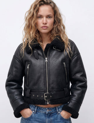 Lilianne Cropped Aviator Bomber Jacket in Black