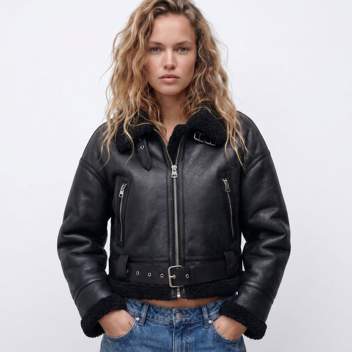 Lilianne Cropped Aviator Bomber Jacket in Black