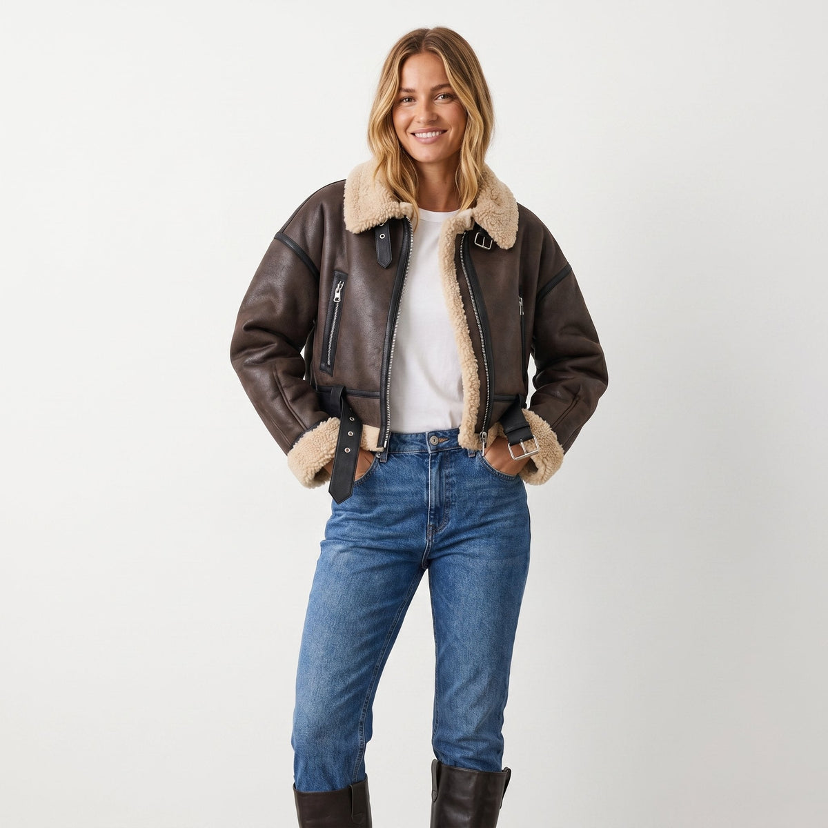 Lilianne Cropped Aviator Bomber Jacket