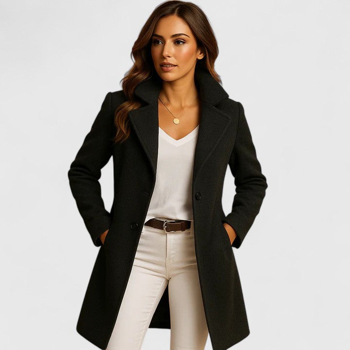 Camellia Tailored Notch-Lapel Long Coat in Black