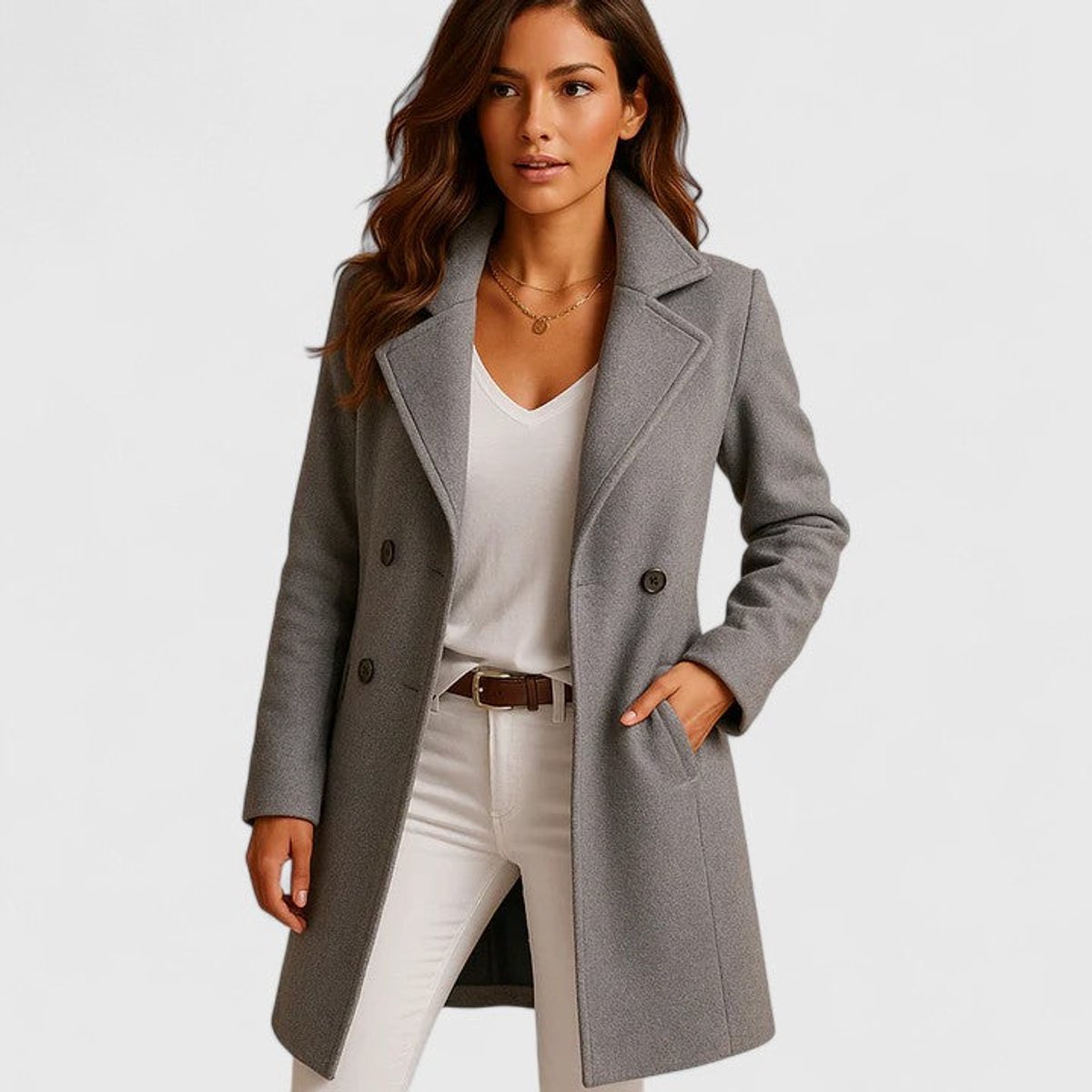 Camellia Tailored Notch-Lapel Long Coat in Gray