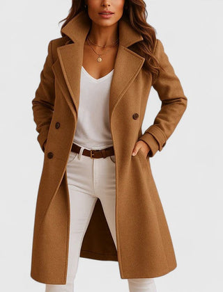 Camellia Tailored Notch-Lapel Long Coat in Camel