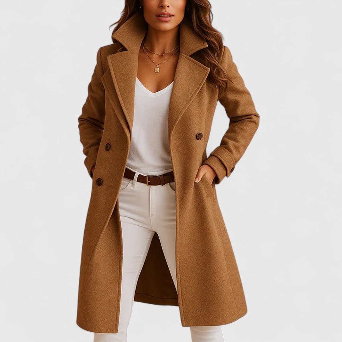Camellia Tailored Notch-Lapel Long Coat in Camel