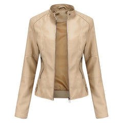 Briony Refined Stand-Collar Moto Jacket in Beige