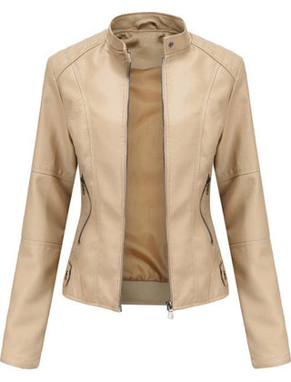 Briony Refined Stand-Collar Moto Jacket in Beige