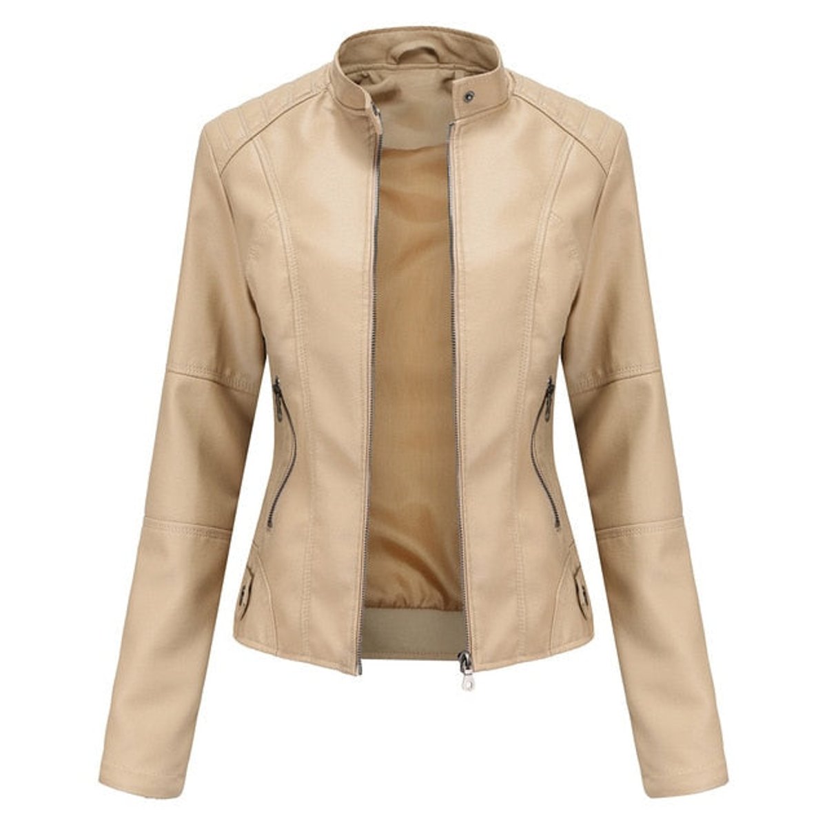 Briony Refined Stand-Collar Moto Jacket in Beige
