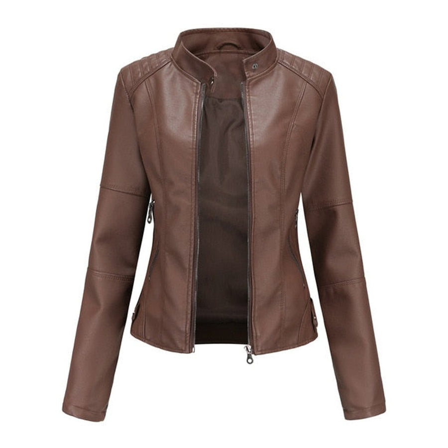 Briony Refined Stand-Collar Moto Jacket