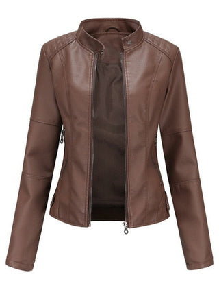 Briony Refined Stand-Collar Moto Jacket in Brown