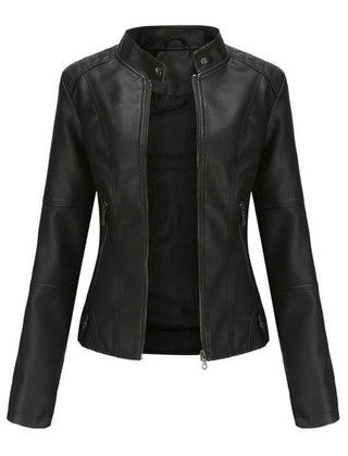 Briony Refined Stand-Collar Moto Jacket in Black