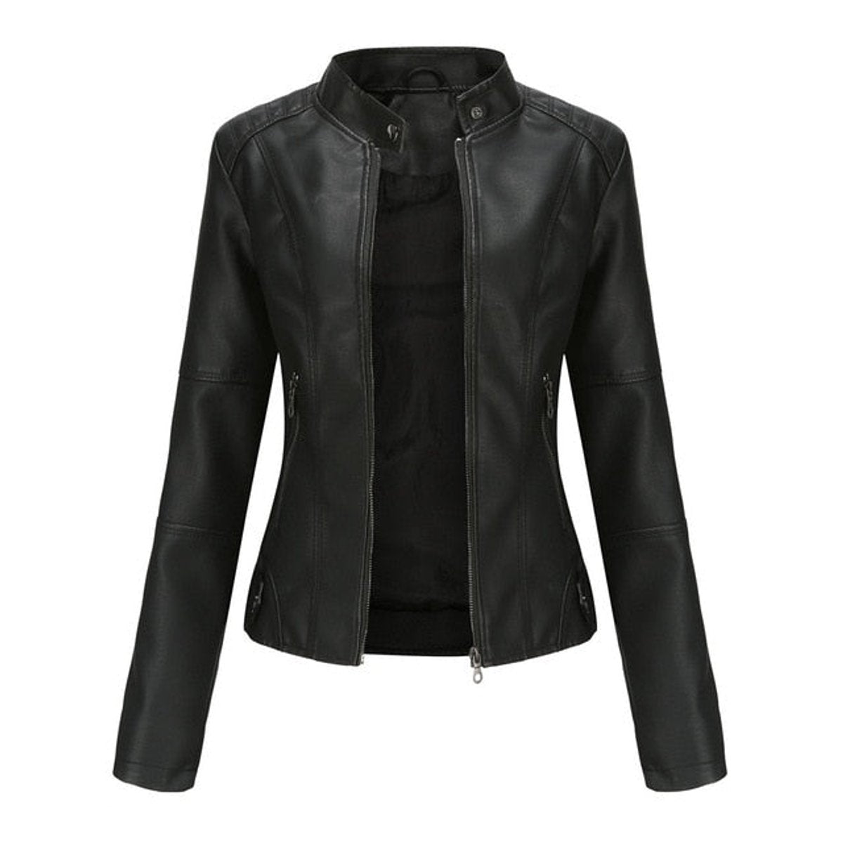 Briony Refined Stand-Collar Moto Jacket in Black