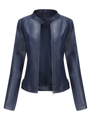 Briony Refined Stand-Collar Moto Jacket in Blue