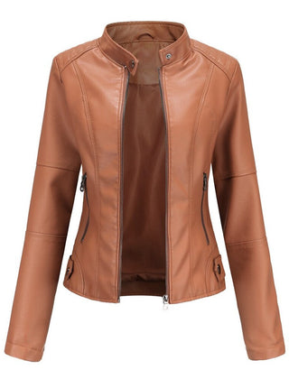 Briony Refined Stand-Collar Moto Jacket in Red-Brown