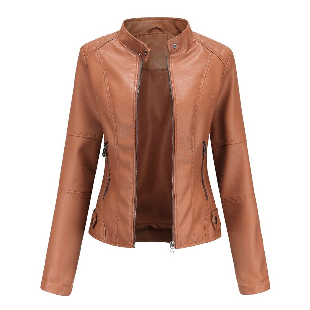 Briony Refined Stand-Collar Moto Jacket in Red-Brown