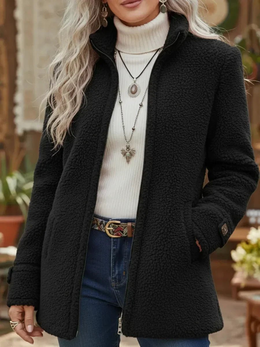Calla stand-collar zip coat in Black