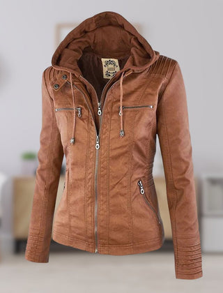 Antonia Hooded Moto Jacket with Removable Hood in Khaki