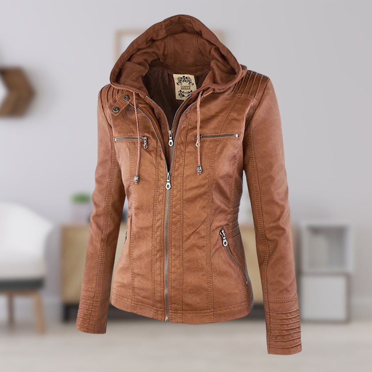 Antonia Hooded Moto Jacket with Removable Hood in Khaki