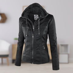 Antonia Hooded Moto Jacket with Removable Hood in Black