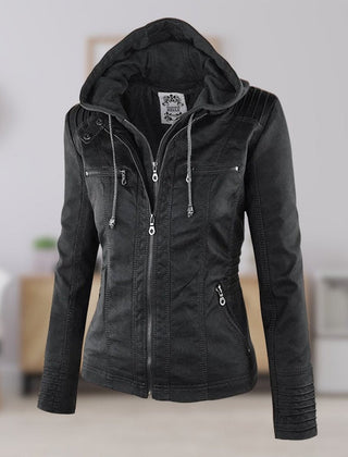 Antonia Hooded Moto Jacket with Removable Hood in Black