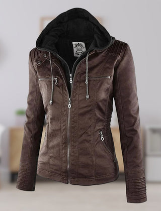 Antonia Hooded Moto Jacket with Removable Hood in Brown