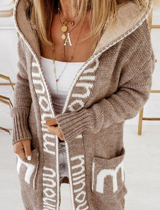 Clover hooded open-front cardigan in Brown