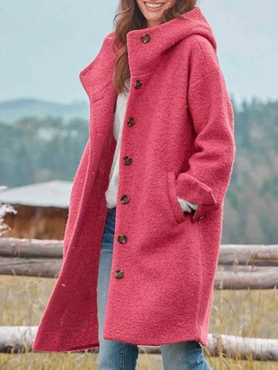 Birdie Longline Hooded Button-Front Coat in Pink