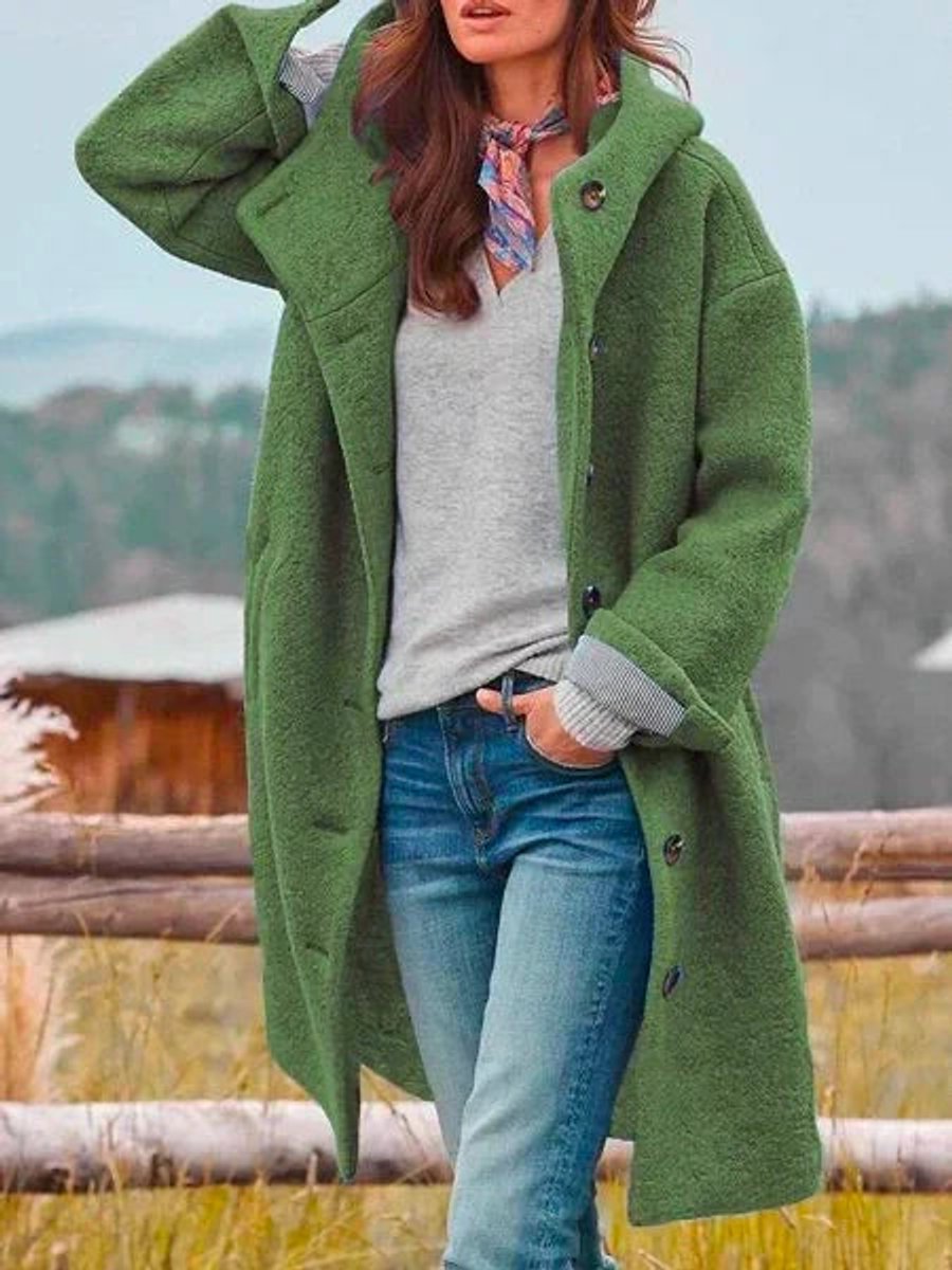 Birdie Longline Hooded Button-Front Coat in Dark Green