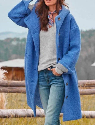 Birdie Longline Hooded Button-Front Coat in Blue