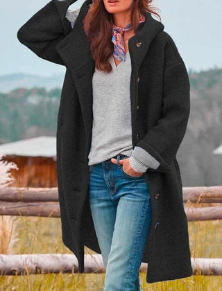 Birdie Longline Hooded Button-Front Coat in Black