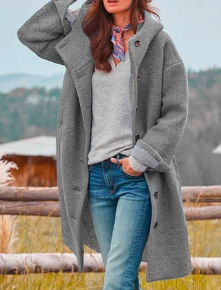 Birdie Longline Hooded Button-Front Coat in Gray