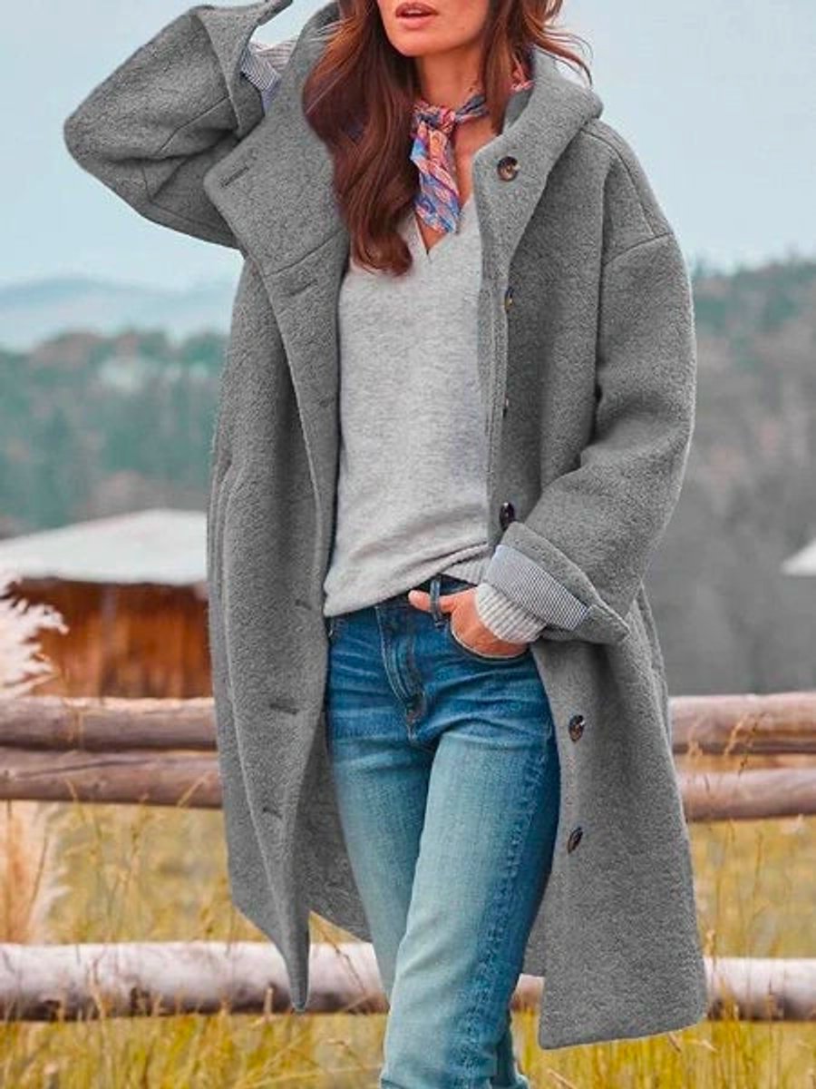 Birdie Longline Hooded Button-Front Coat in Gray