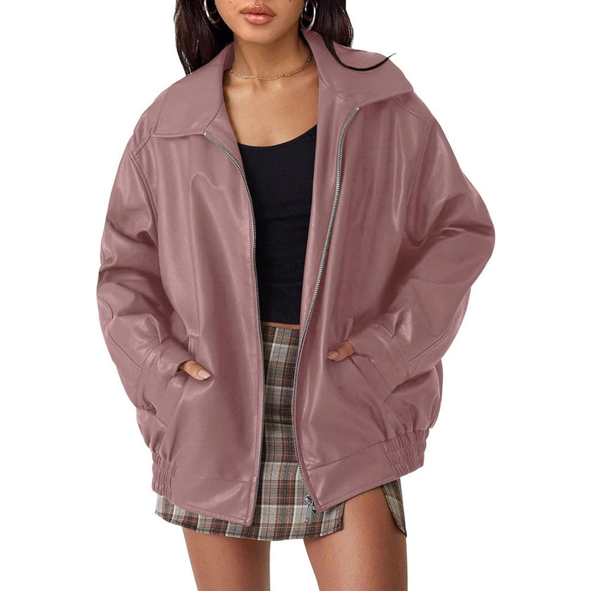 Sonia Relaxed Zip-Up Bomber Jacket in Deep Rose