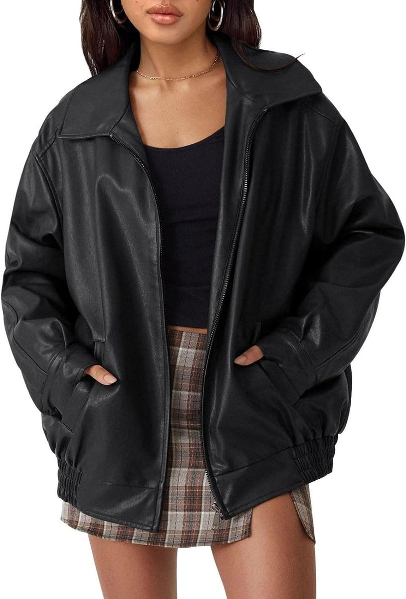 Sonia Relaxed Zip-Up Bomber Jacket in Black
