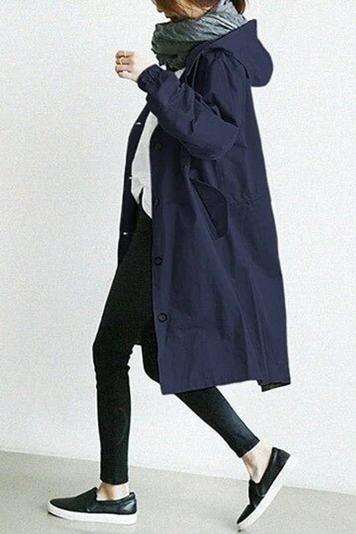 Carlotta Oversized Hooded Button-Front Coat in Navy Blue