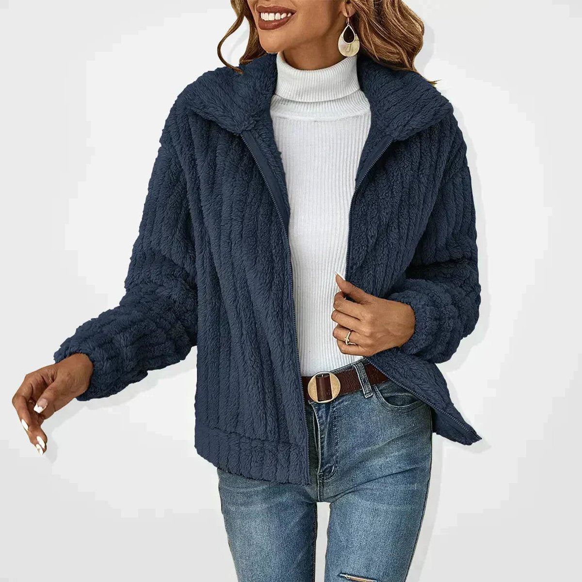 Charis Cozy Zip-Up Jacket in Navy Blue