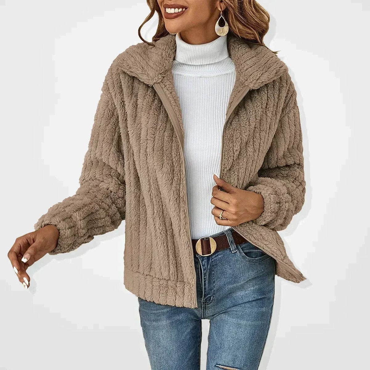 Charis Cozy Zip-Up Jacket in Khaki