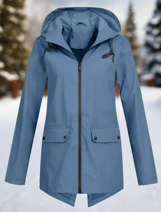 Sunniva Hooded Longline Zip-Up Jacket in Blue