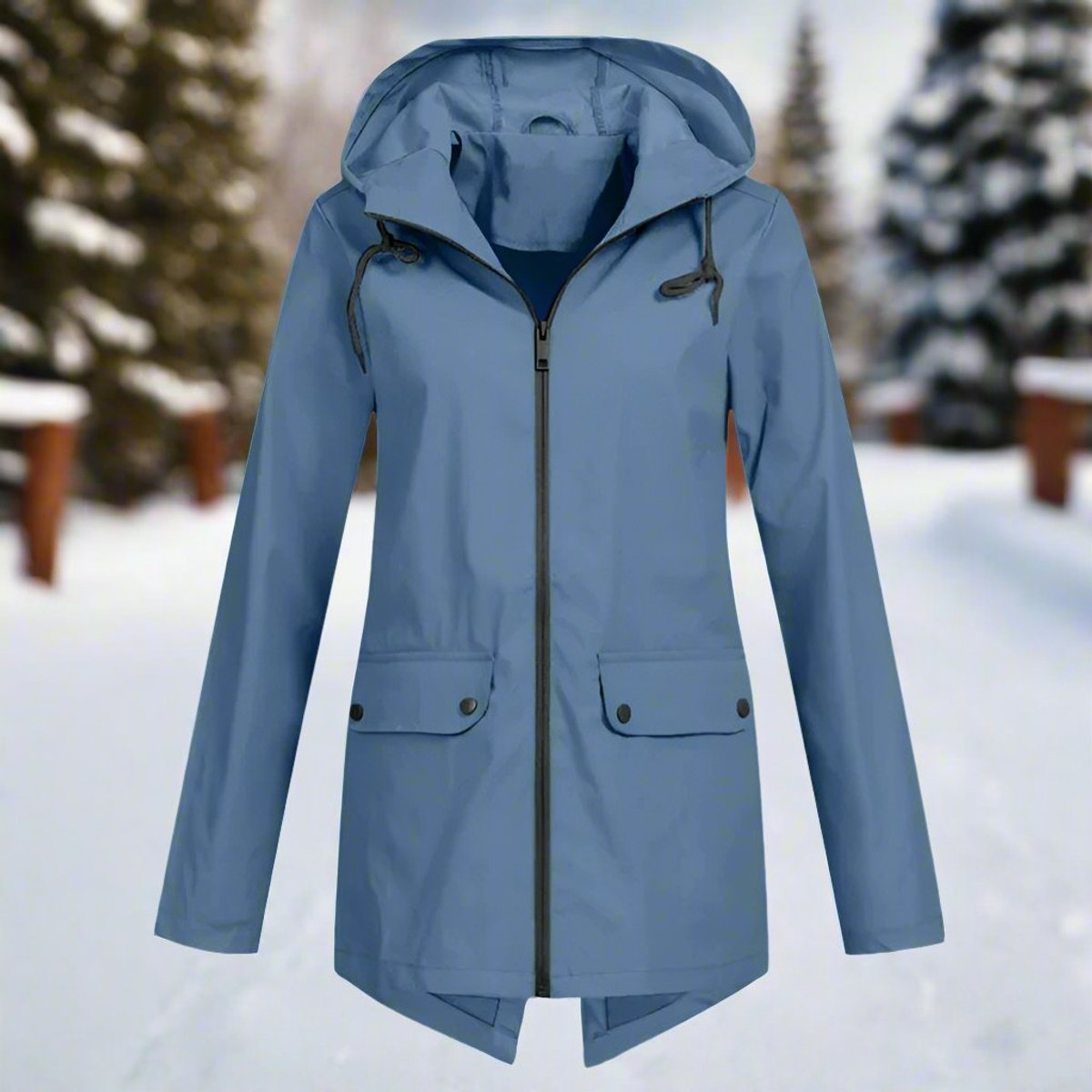 Sunniva Hooded Longline Zip-Up Jacket in Blue
