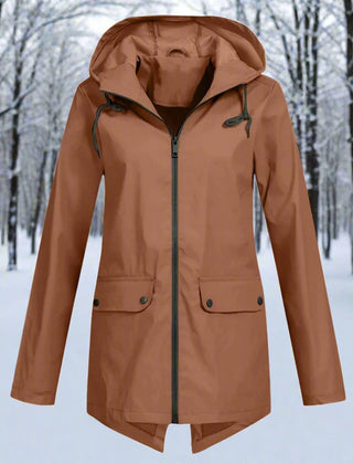 Sunniva Hooded Longline Zip-Up Jacket in Coffee