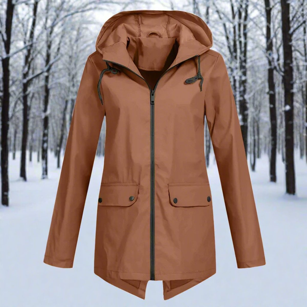 Sunniva Hooded Longline Zip-Up Jacket in Coffee