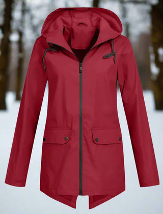 Sunniva Hooded Longline Zip-Up Jacket in Wine Red